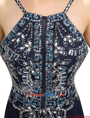 Most Popular Chiffon Spaghetti Straps Sleeveless Brush Train Zipper Beading Homecoming Dress in Black