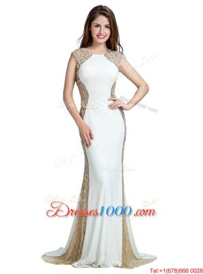 Modern White Chiffon Backless Scoop Sleeveless With Train Prom Evening Gown Brush Train Beading