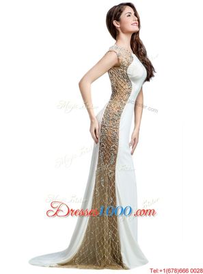 Modern White Chiffon Backless Scoop Sleeveless With Train Prom Evening Gown Brush Train Beading