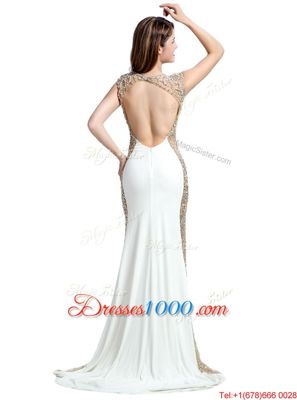 Modern White Chiffon Backless Scoop Sleeveless With Train Prom Evening Gown Brush Train Beading