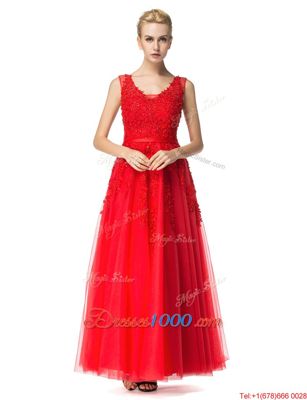 Classical Red Lace Up Prom Evening Gown Beading and Appliques Sleeveless Floor Length