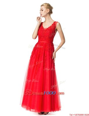 Classical Red Lace Up Prom Evening Gown Beading and Appliques Sleeveless Floor Length