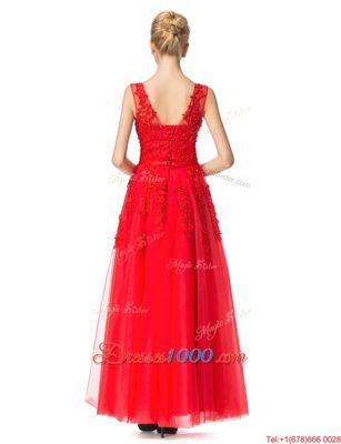 Classical Red Lace Up Prom Evening Gown Beading and Appliques Sleeveless Floor Length