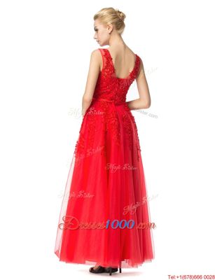 Classical Red Lace Up Prom Evening Gown Beading and Appliques Sleeveless Floor Length
