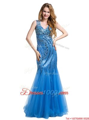 Dramatic Mermaid Floor Length Baby Blue Prom Evening Gown V-neck Sleeveless Zipper