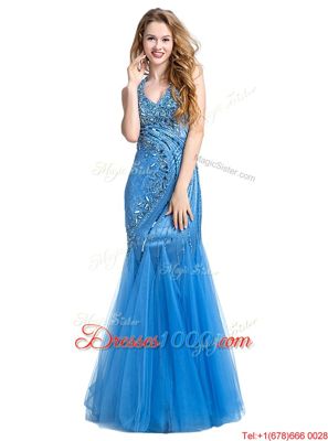 Dramatic Mermaid Floor Length Baby Blue Prom Evening Gown V-neck Sleeveless Zipper