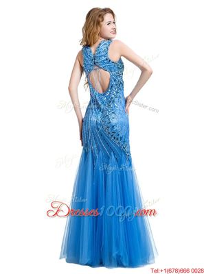 Dramatic Mermaid Floor Length Baby Blue Prom Evening Gown V-neck Sleeveless Zipper