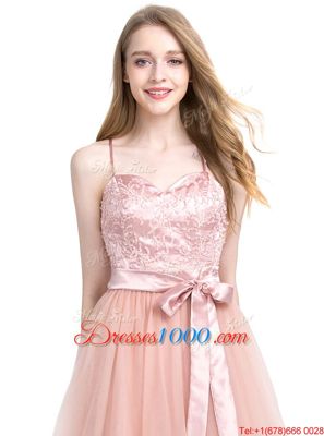 Pink Zipper Spaghetti Straps Beading Homecoming Party Dress Tulle Sleeveless