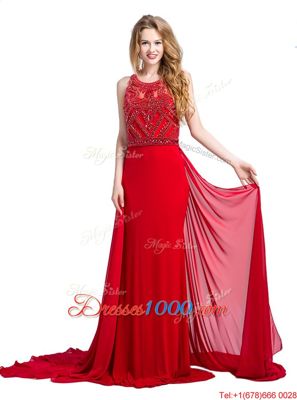 Enchanting Scoop Sleeveless Court Train Beading Zipper Prom Party Dress