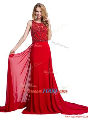 Enchanting Scoop Sleeveless Court Train Beading Zipper Prom Party Dress