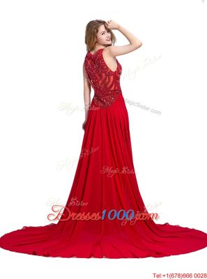 Enchanting Scoop Sleeveless Court Train Beading Zipper Prom Party Dress