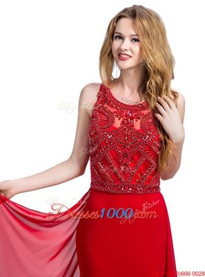 Enchanting Scoop Sleeveless Court Train Beading Zipper Prom Party Dress