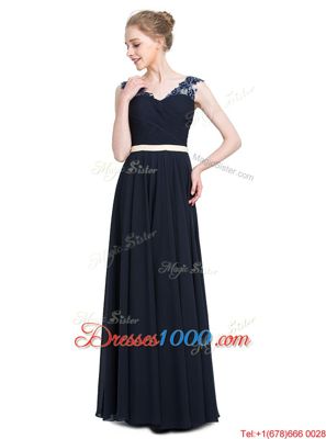 Sleeveless Chiffon Floor Length Zipper Dress for Prom in Navy Blue for with Beading