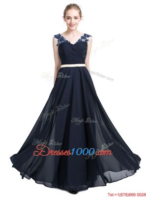 Sleeveless Chiffon Floor Length Zipper Dress for Prom in Navy Blue for with Beading