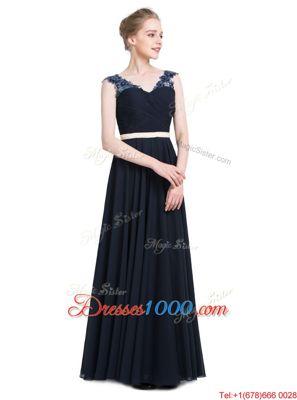 Sleeveless Chiffon Floor Length Zipper Dress for Prom in Navy Blue for with Beading