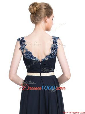 Sleeveless Chiffon Floor Length Zipper Dress for Prom in Navy Blue for with Beading