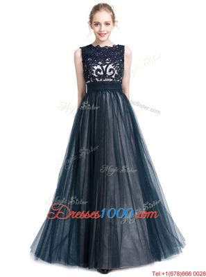 Navy Blue Column/Sheath Scalloped Sleeveless Tulle Floor Length Zipper Beading and Lace Prom Dress