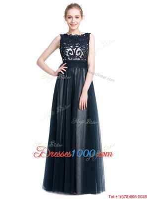 Navy Blue Column/Sheath Scalloped Sleeveless Tulle Floor Length Zipper Beading and Lace Prom Dress
