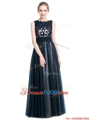 Navy Blue Column/Sheath Scalloped Sleeveless Tulle Floor Length Zipper Beading and Lace Prom Dress