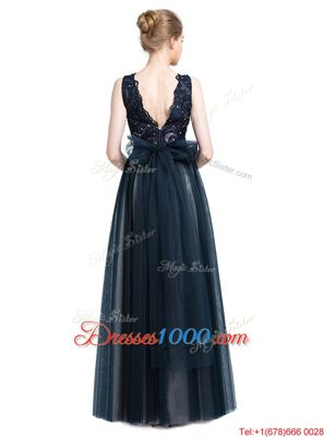 Navy Blue Column/Sheath Scalloped Sleeveless Tulle Floor Length Zipper Beading and Lace Prom Dress