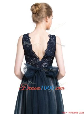 Navy Blue Column/Sheath Scalloped Sleeveless Tulle Floor Length Zipper Beading and Lace Prom Dress