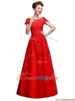 Bateau Short Sleeves Tulle Homecoming Dress Lace Lace Up