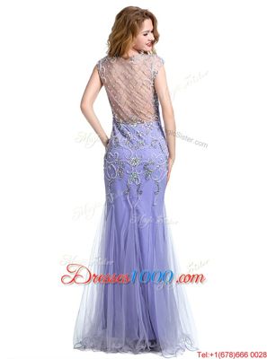 Mermaid Scoop Tulle Cap Sleeves Floor Length Prom Dress and Beading