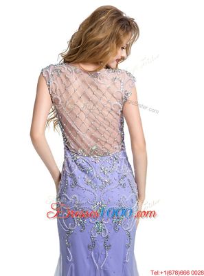 Mermaid Scoop Tulle Cap Sleeves Floor Length Prom Dress and Beading