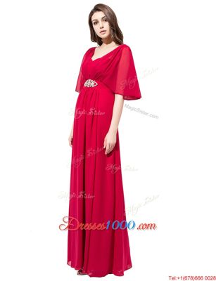 Floor Length Empire Half Sleeves Coral Red Evening Dress Zipper