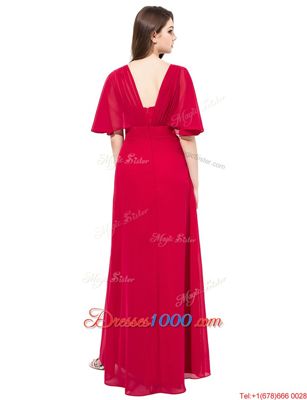 Floor Length Empire Half Sleeves Coral Red Evening Dress Zipper