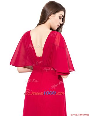 Floor Length Empire Half Sleeves Coral Red Evening Dress Zipper