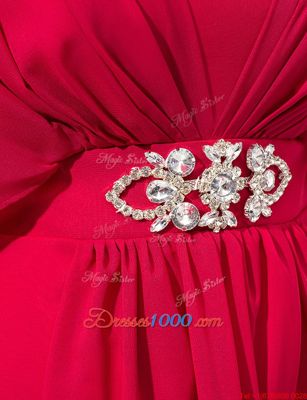 Floor Length Empire Half Sleeves Coral Red Evening Dress Zipper