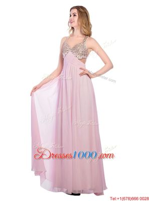 Delicate Lilac Sleeveless Floor Length Beading and Bowknot Criss Cross Prom Dress