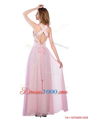 Delicate Lilac Sleeveless Floor Length Beading and Bowknot Criss Cross Prom Dress