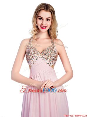 Delicate Lilac Sleeveless Floor Length Beading and Bowknot Criss Cross Prom Dress