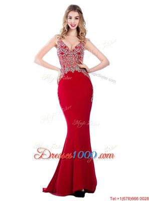 Hot Sale Mermaid With Train Red Prom Gown V-neck Sleeveless Brush Train Backless