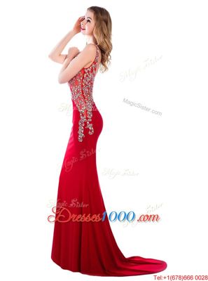 Hot Sale Mermaid With Train Red Prom Gown V-neck Sleeveless Brush Train Backless