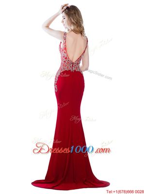 Hot Sale Mermaid With Train Red Prom Gown V-neck Sleeveless Brush Train Backless