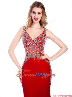 Hot Sale Mermaid With Train Red Prom Gown V-neck Sleeveless Brush Train Backless