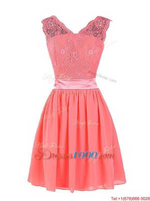 Edgy Mini Length Zipper Prom Dress Watermelon Red and In for Prom and Party with Lace and Sashes|ribbons