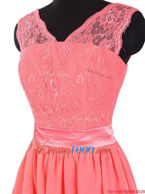 Edgy Mini Length Zipper Prom Dress Watermelon Red and In for Prom and Party with Lace and Sashes|ribbons