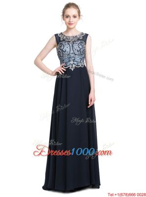 Trendy Scoop Sleeveless Prom Dresses With Brush Train Beading Black Chiffon