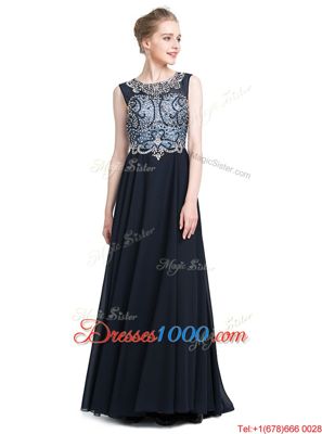 Trendy Scoop Sleeveless Prom Dresses With Brush Train Beading Black Chiffon