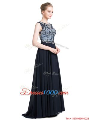 Trendy Scoop Sleeveless Prom Dresses With Brush Train Beading Black Chiffon