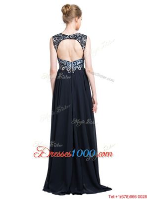 Trendy Scoop Sleeveless Prom Dresses With Brush Train Beading Black Chiffon