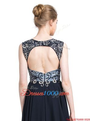 Trendy Scoop Sleeveless Prom Dresses With Brush Train Beading Black Chiffon
