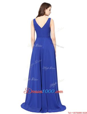 Shining Chiffon Sleeveless With Train Prom Evening Gown Brush Train and Ruching