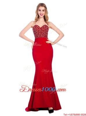 Wine Red Mermaid Sweetheart Sleeveless Elastic Woven Satin With Train Sweep Train Zipper Beading Prom Gown