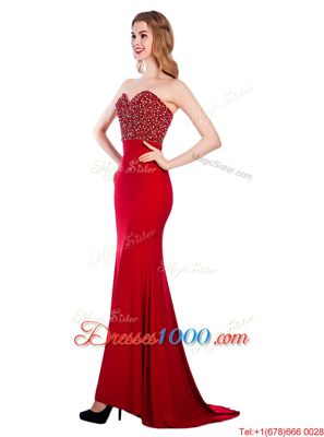 Wine Red Mermaid Sweetheart Sleeveless Elastic Woven Satin With Train Sweep Train Zipper Beading Prom Gown