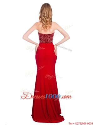 Wine Red Mermaid Sweetheart Sleeveless Elastic Woven Satin With Train Sweep Train Zipper Beading Prom Gown